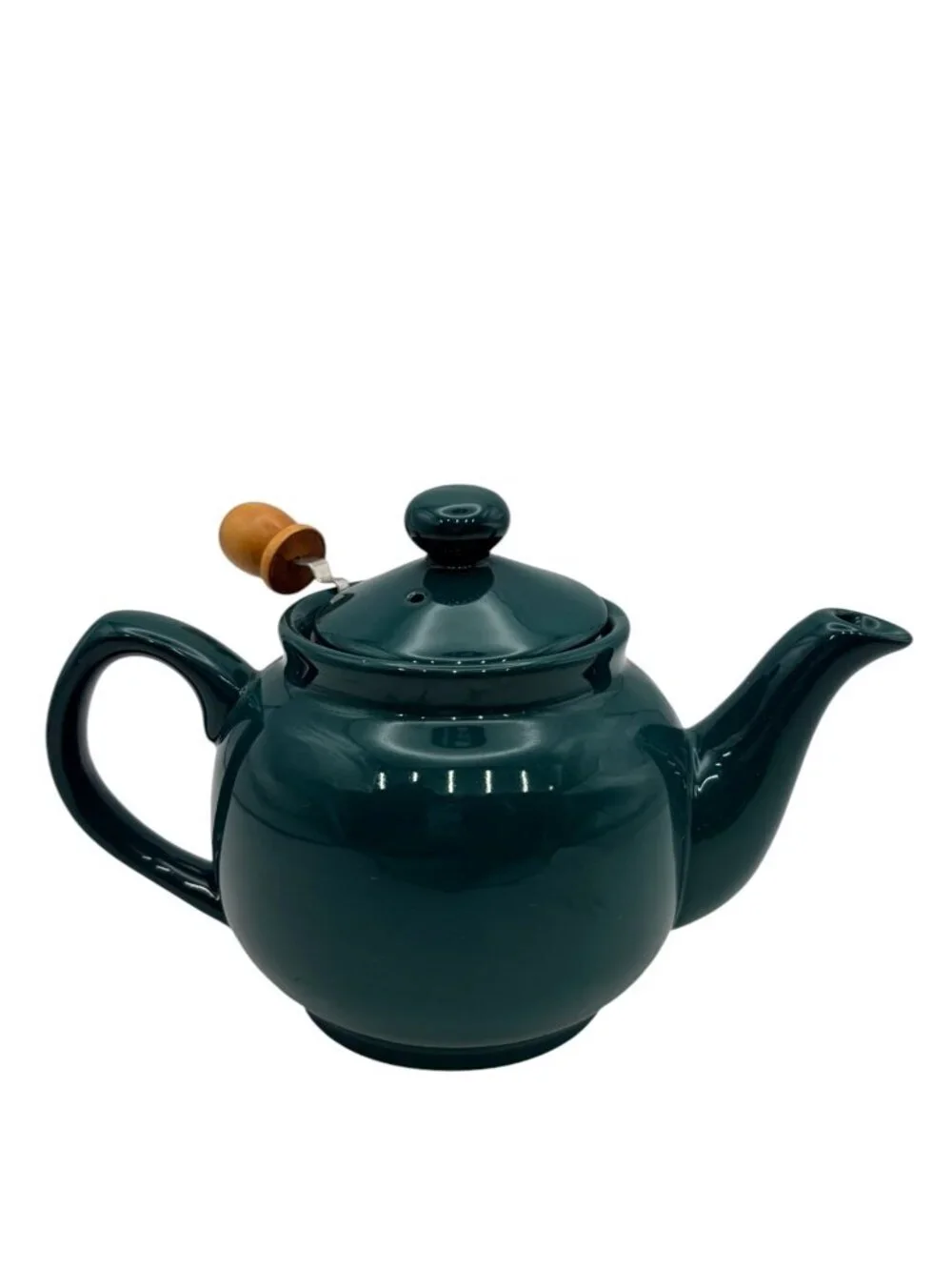 Dark Green Ceramic Teapot w/Stainless Steel Infuser & Wooden Handle Lid – Modern